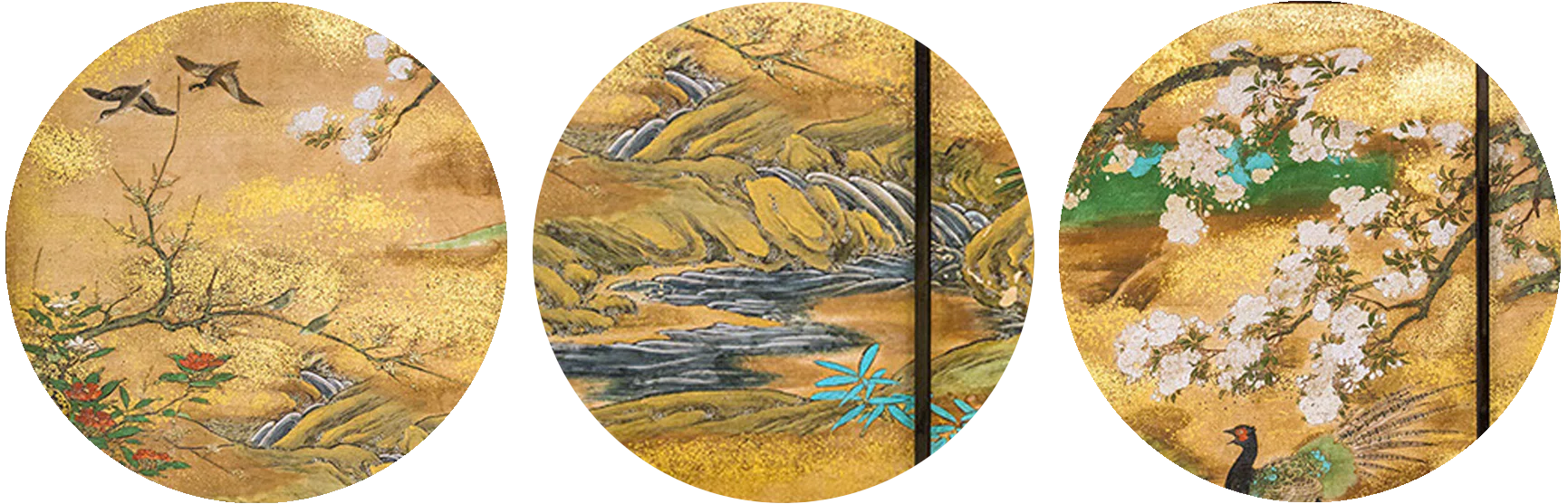 【新鹿江 早春】風景画 中型 金色フレーム　辻 永 大英博物館展出品作③狩野宗眼重信《春景花鳥図襖》桃山時代末-江戸