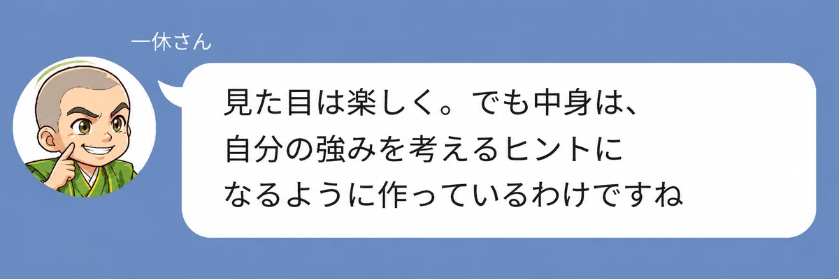 一休さんのキャラクターが「見た目は楽しく。でも中身は、自分の強みを考えるヒントになるように作っているわけです」と話している画像。仲人タイプ診断が楽しい見た目と自己理解のヒントを両立していることを伝えている。