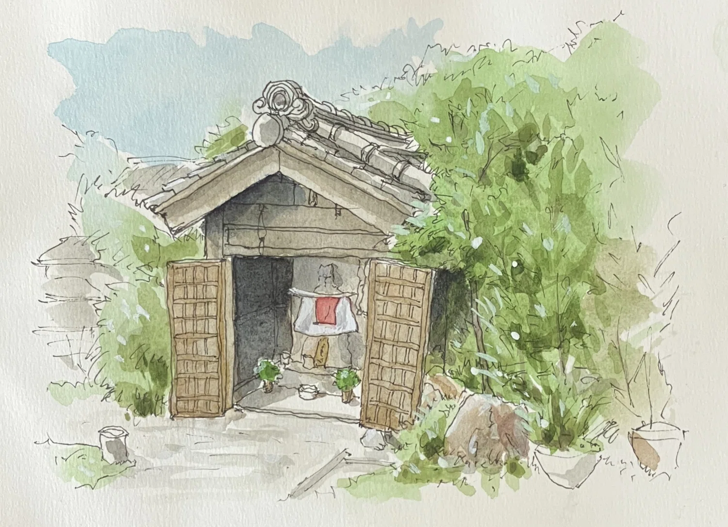 祠 ペン水彩画【12/50】｜Ijin（維人）