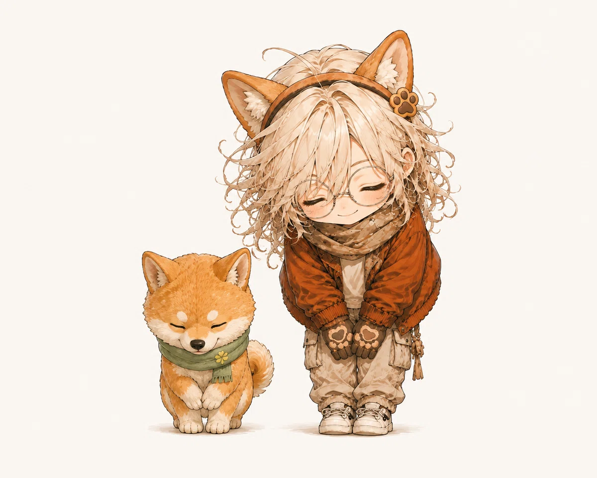 考える赤柴と子犬柴がおじぎする画像