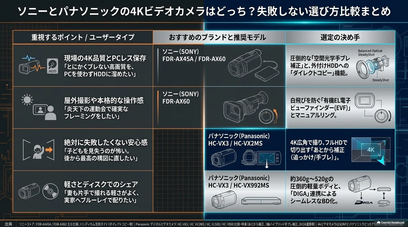 4Kビデオカメラはソニーとパナソニックどっち？特徴を比較｜「徹底比較