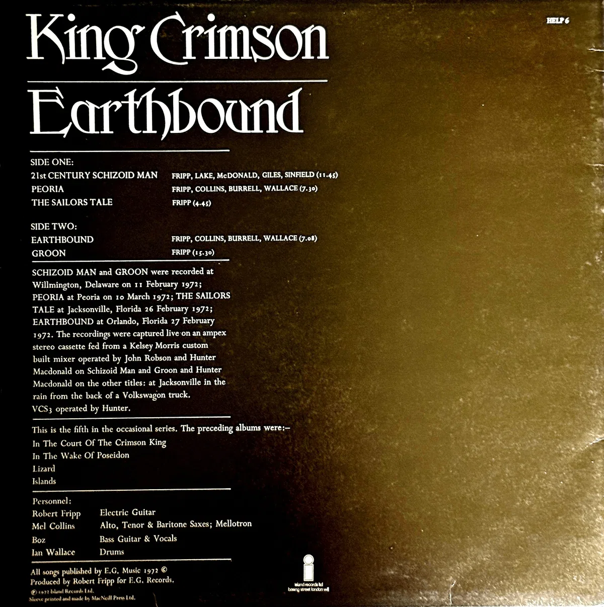 King Crimson『Earthbound』――Frippが「自分たちのブートレグ」と呼ん