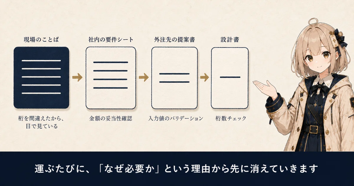 現場の担当者が語った「毎回目でチェックしている理由」は、3回の伝達を経るごとに具体性を失い、最後には「チェック機能を実装」という一行だけが残ります
