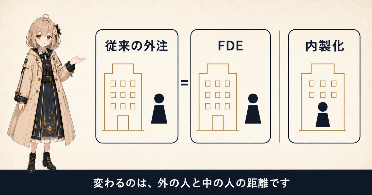 従来の外注とFDEの枠には、同じ「会社の外にいる人」のアイコンが描かれています。内製化の枠だけ、人が建物の内側にいます