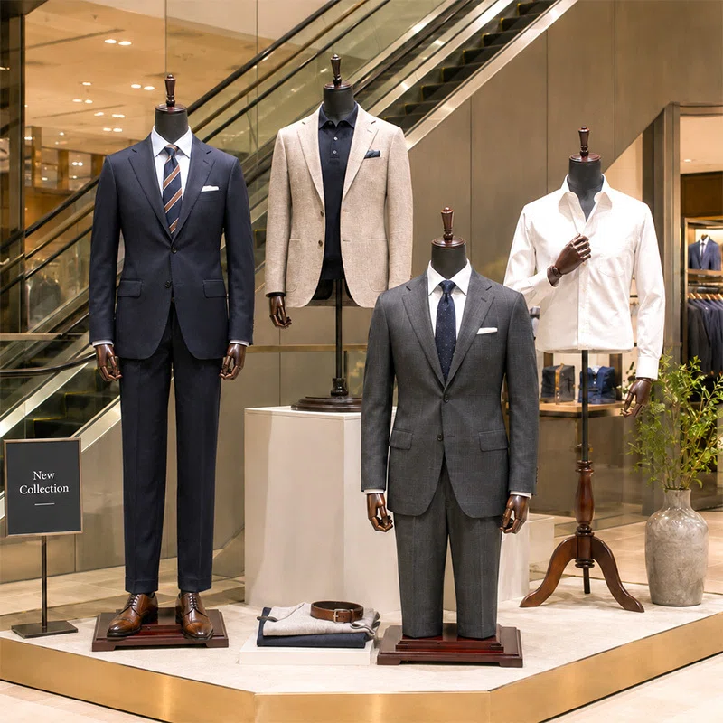 スーツのシルエットを整えて展示できる可動アーム付き男性用トルソー｜誉PRINTING
