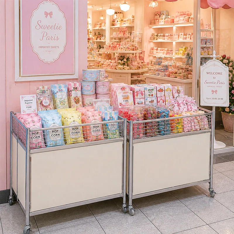 衣類やセール品を見やすくまとめられるアイボリーの中折れワゴン｜誉PRINTING