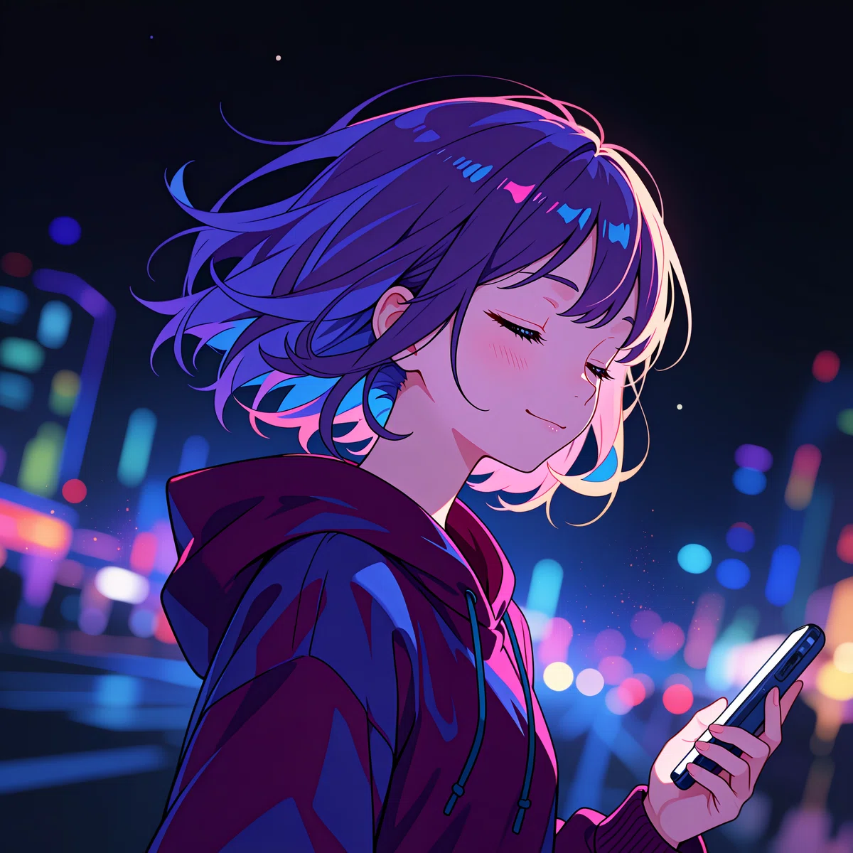 夜のネオン街でスマートフォンを見つめるアニメの少女。ダークモードの雰囲気を表現したイラスト