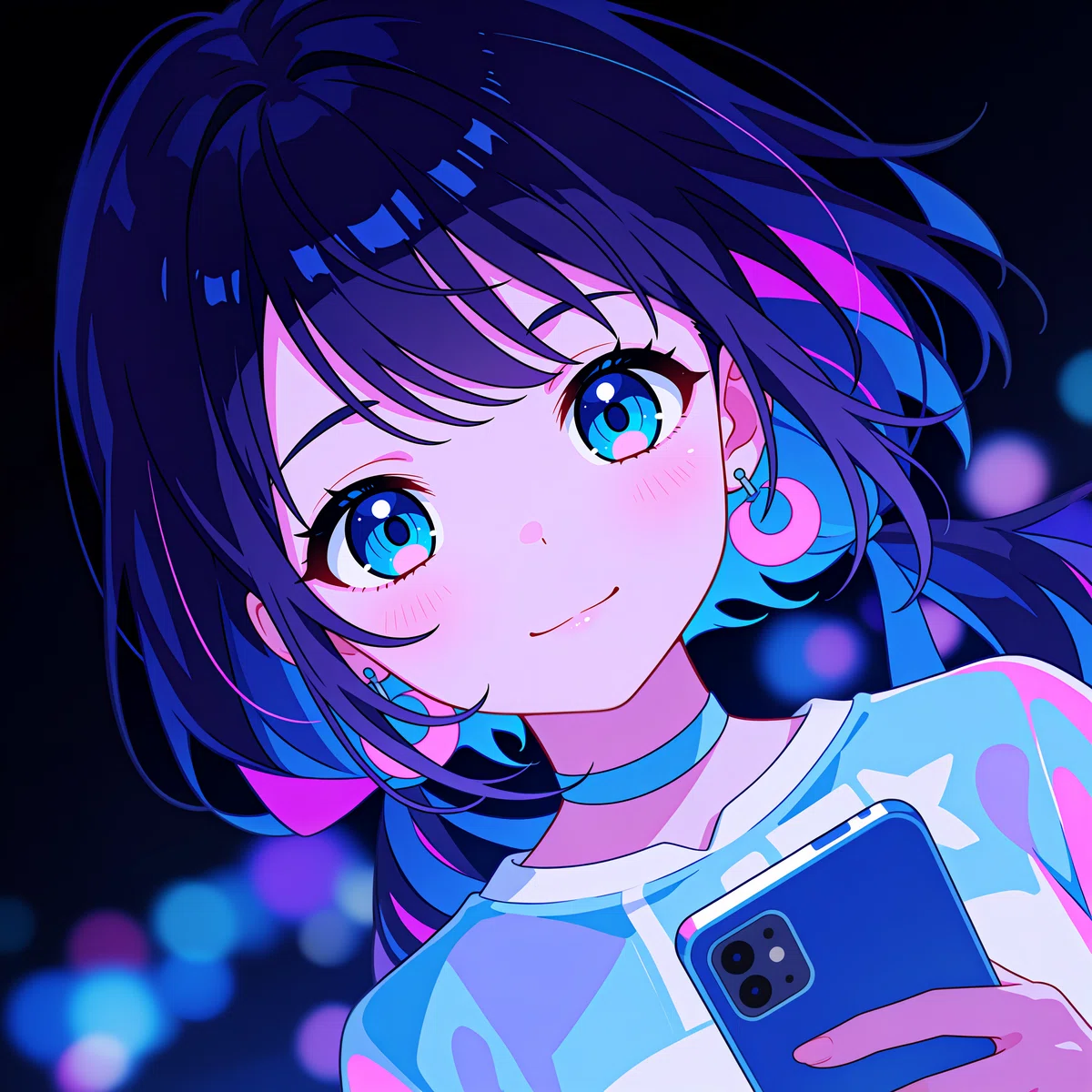 青いネオンライトの下でスマートフォンを持つアニメの少女。noteのダークモード利用率公開を要望するイメージ