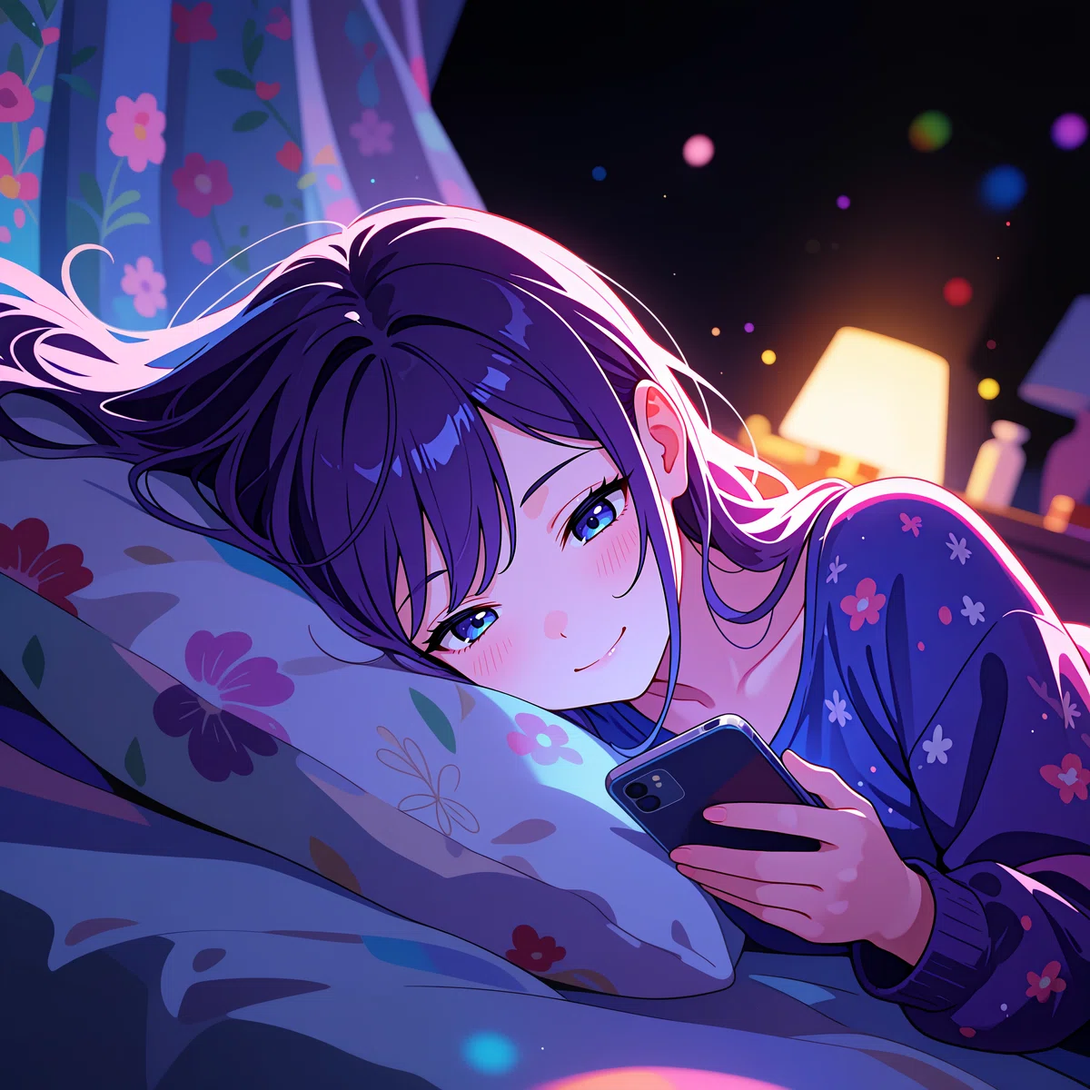 夜の寝室でスマートフォンを操作するアニメの少女。ダークモードを利用するイメージイラスト