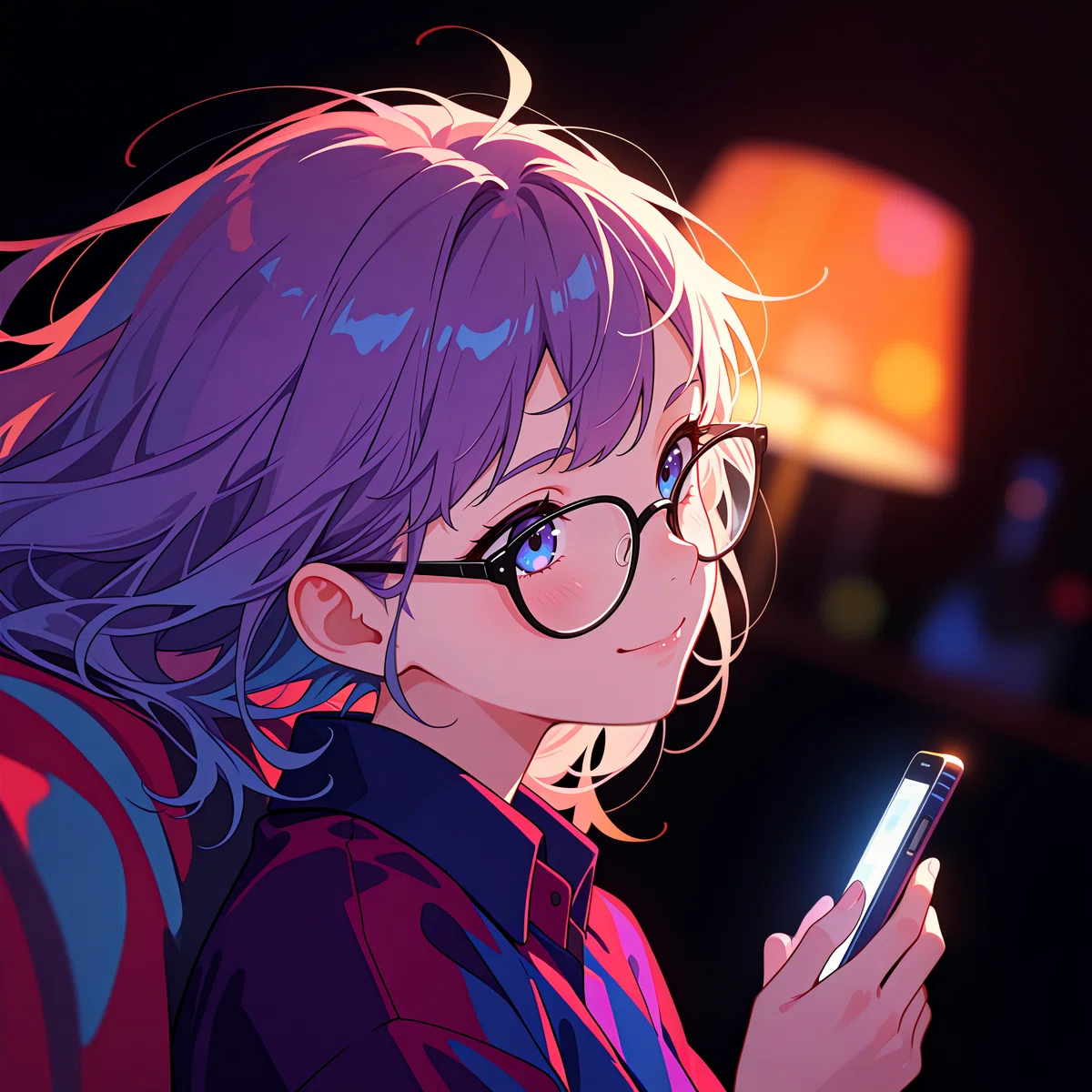 夜の落ち着いたリビングルームで、スマホを片手にくつろぐメガネをかけた女性のアニメイラスト