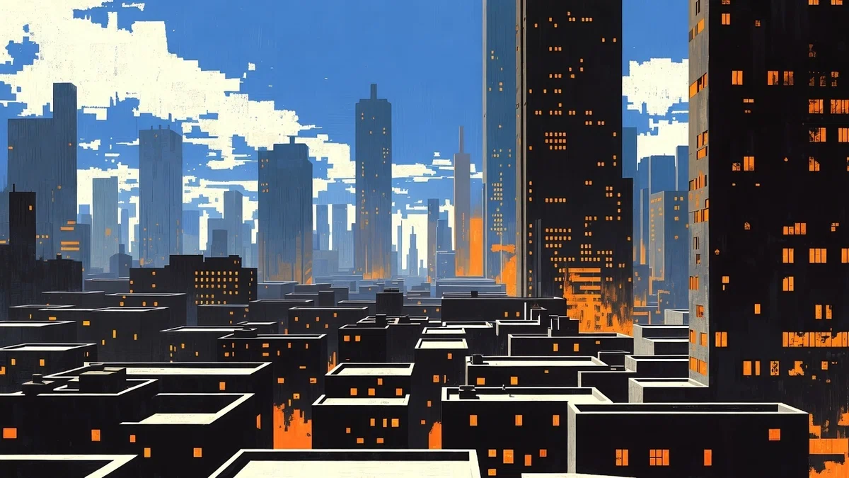 青空と様式化された白い雲を背景にした都市の風景を描いた、グラフィックノベル風のイラスト。手前には平らな屋上の建物が密集し、奥には高層ビルが立ち並ぶ。建物の窓や街の隙間からは強いオレンジ色の光が放たれ、黒い影と強いコントラストを生み出している。