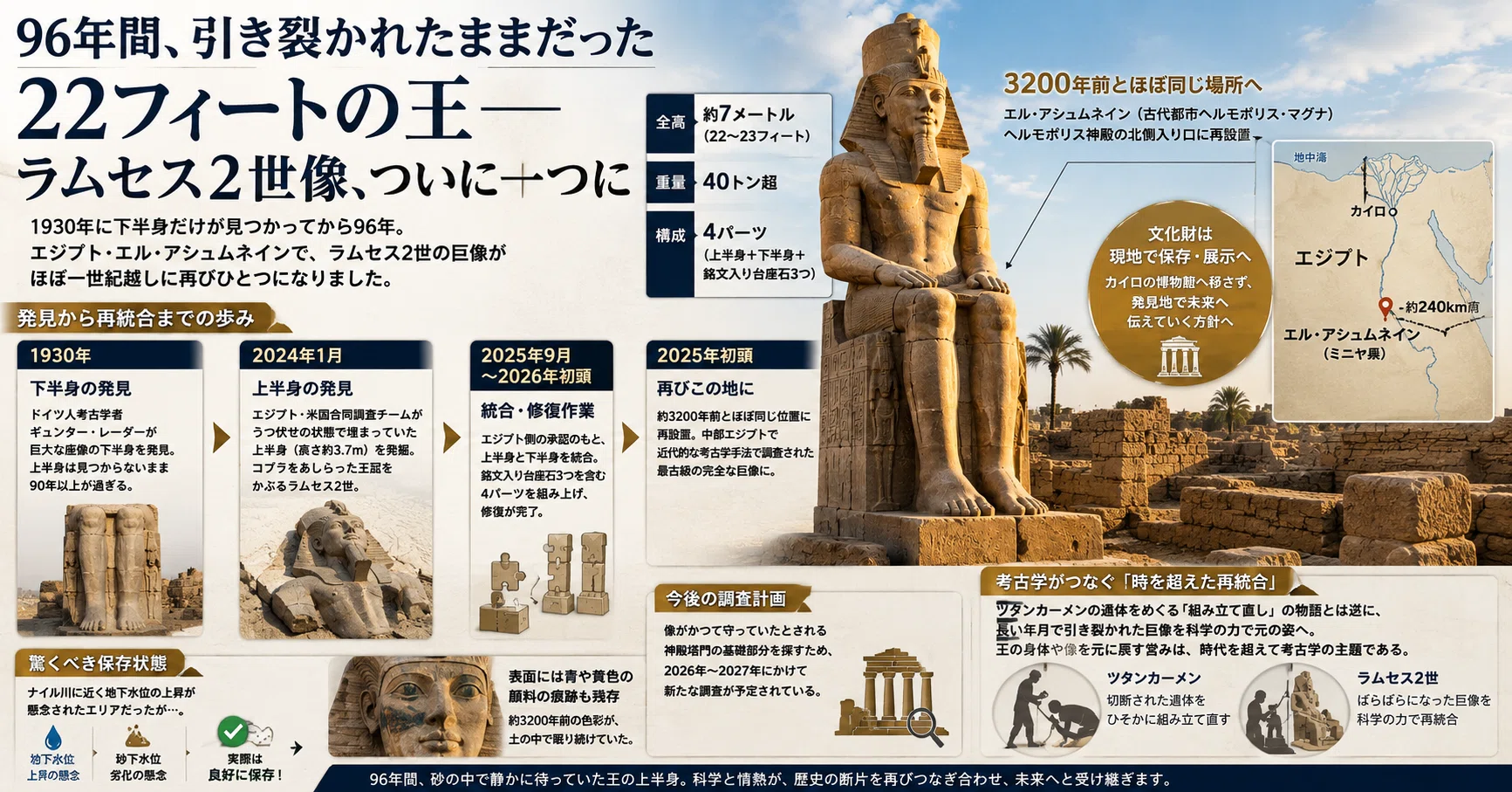 ラムセス2 96年間、引き裂かれたままだった22フィートの王――ラムセス2世像