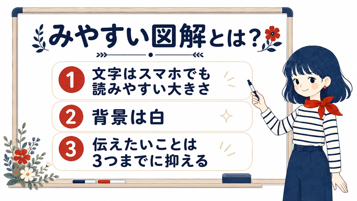 ボブヘアの女性キャラがホワイトボードの前で「みやすい図解とは？」を解説している図解