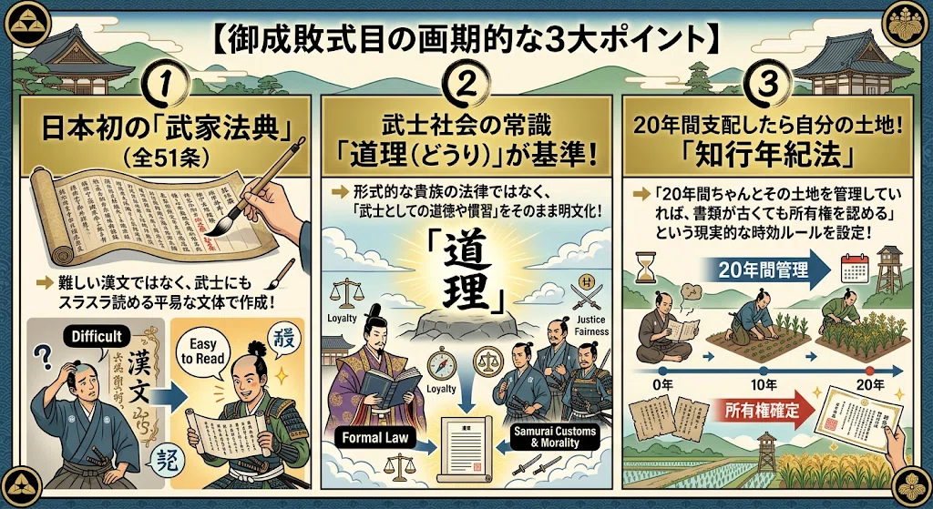 【図解】御成敗式目の制定（1232年）｜「武士の喧嘩をなくす！超わかりやすい法律」｜風わいわい
