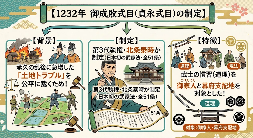 【図解】御成敗式目の制定（1232年）｜「武士の喧嘩をなくす！超わかりやすい法律」｜風わいわい