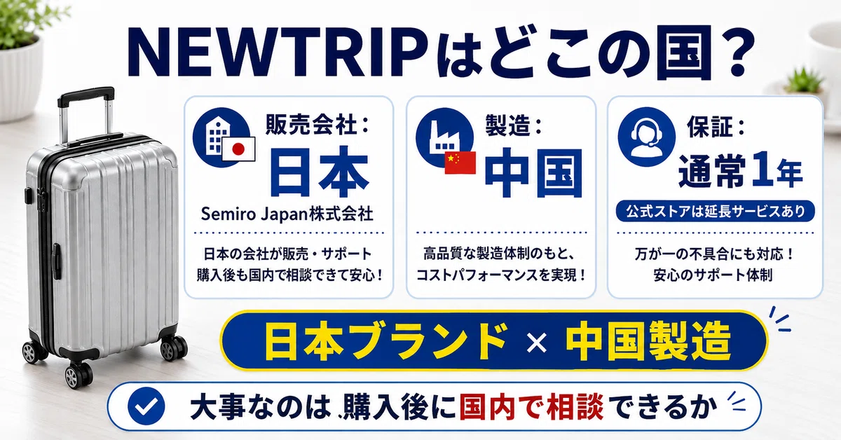 NEWTRIPがどこの国のブランドかを説明した図。販売会社は日本のSemiro Japan株式会社、スーツケースの製造は中国、通常保証は1年間で公式ストアには延長サービスがあることを示している