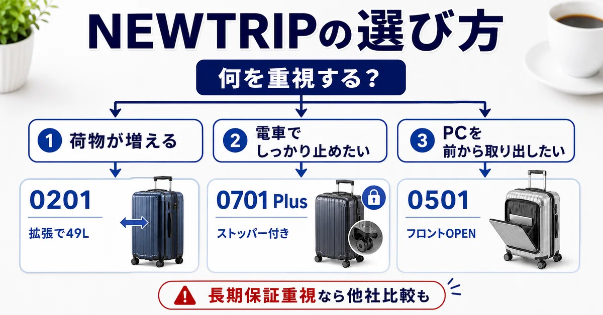 NEWTRIPスーツケースの選び方を示したフローチャート。荷物が増える人は49Lまで拡張できる0201、電車でしっかり固定したい人はストッパー付き0701 Plus、PCを前から取り出したい人はフロントオープン対応0501を選ぶ流れを示している
