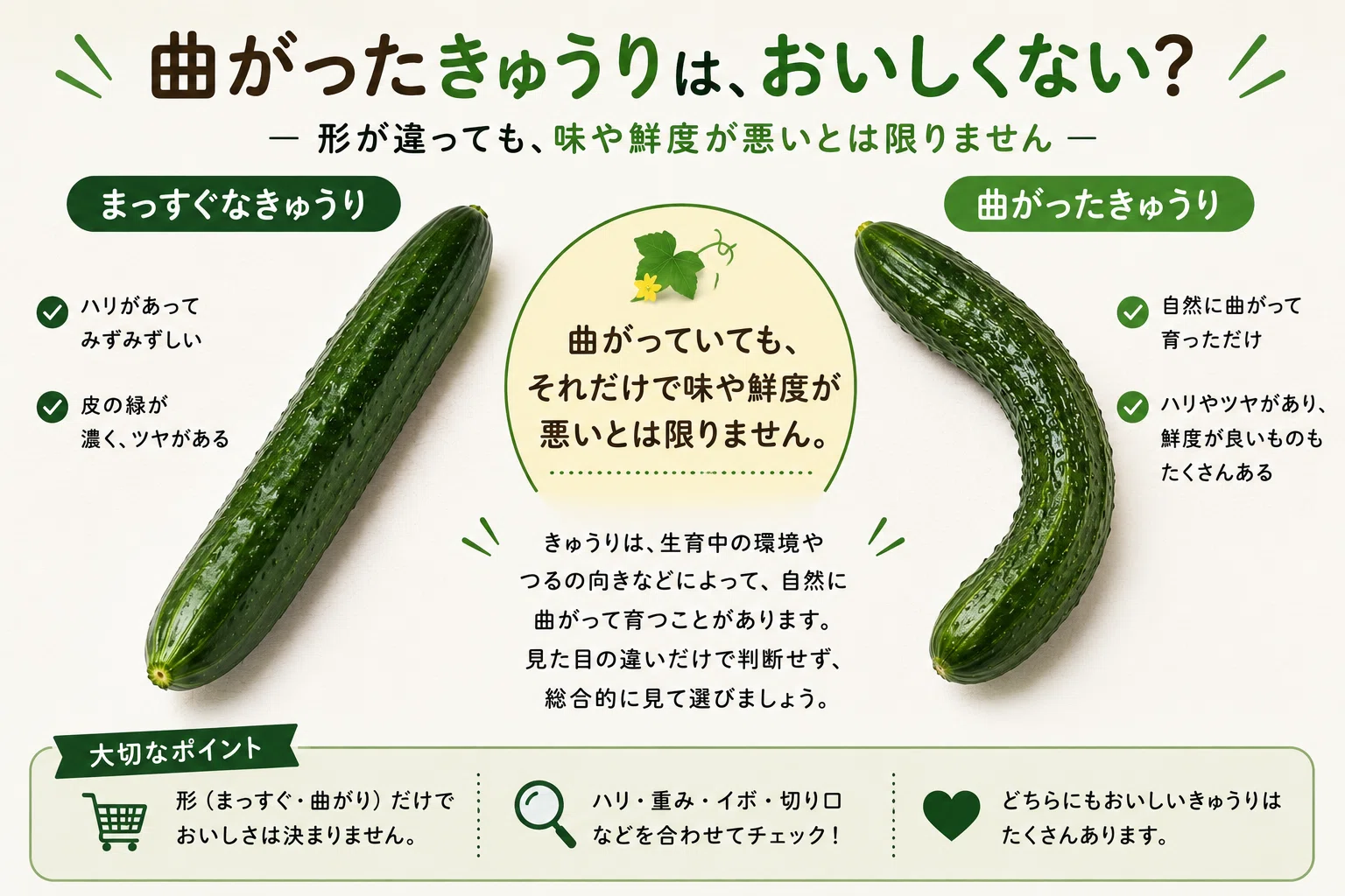 今旬の野菜「きゅうり」｜曲がっていても大丈夫？選び方・栄養・調理