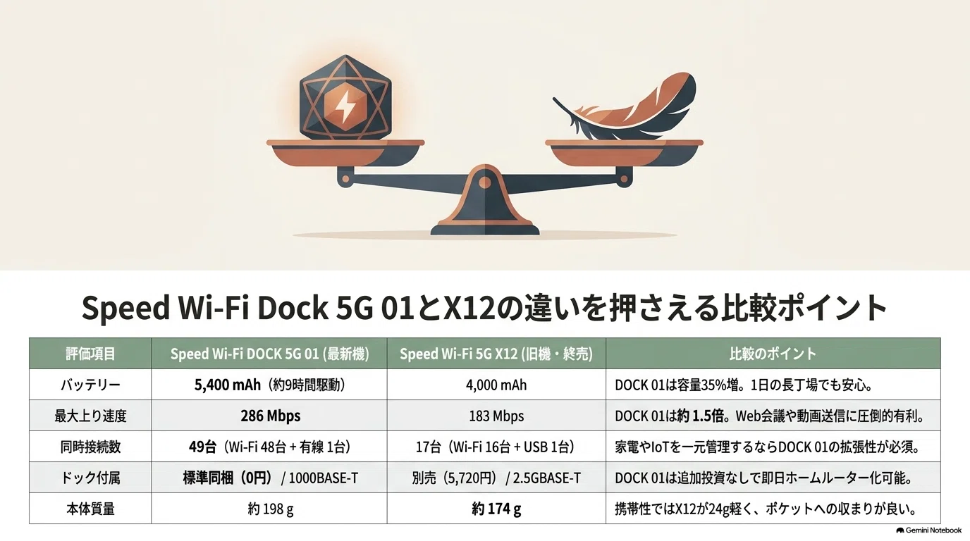 モバイルWi-FiルーターのSpeed Wi-Fi Dock 5G 01とX12を比較｜「徹底