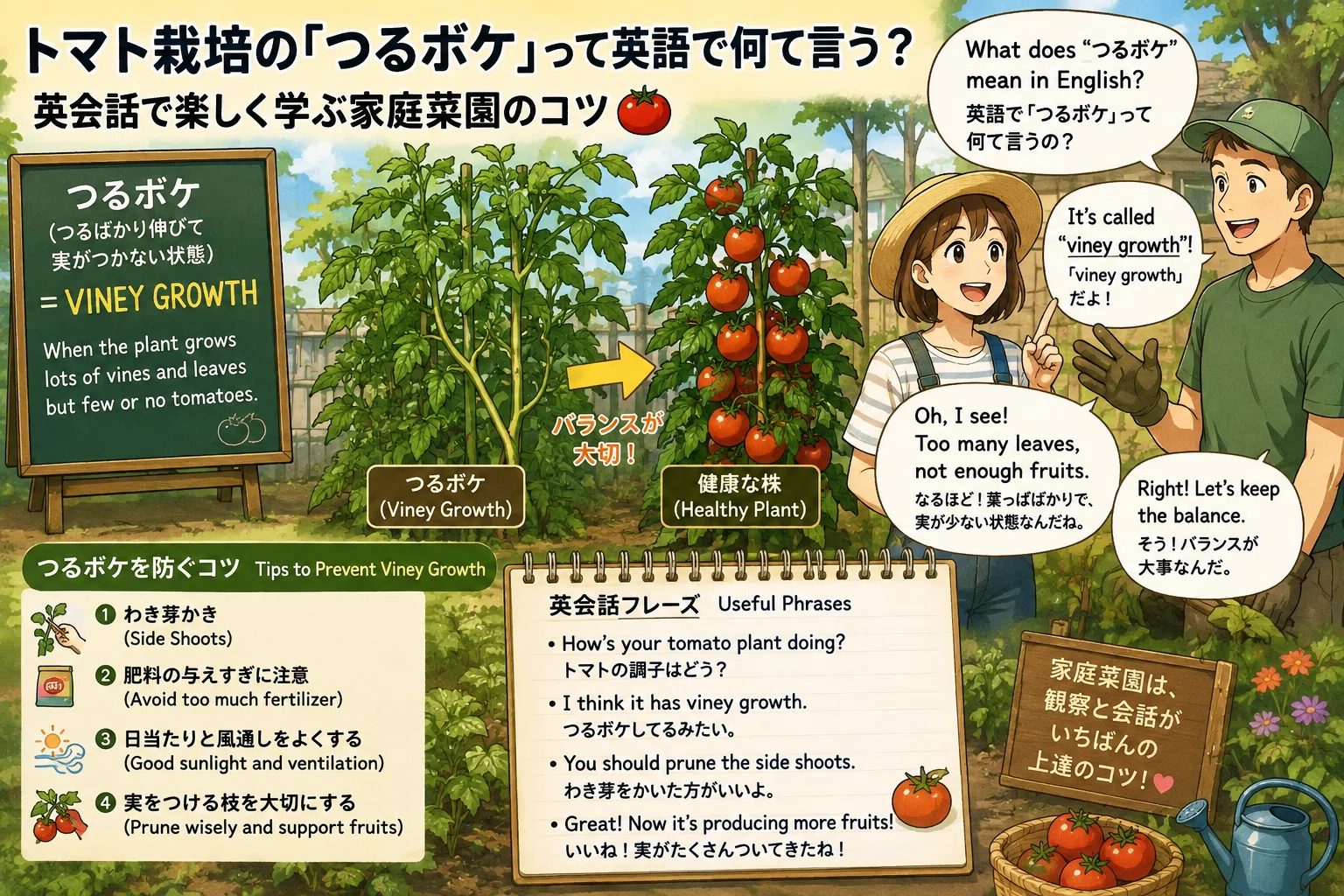 🗣️🍅 トマト栽培の「つるボケ」って英語で何て言う？英会話で楽しく