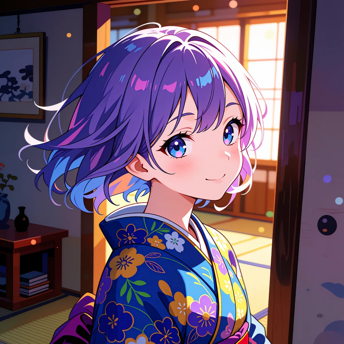 高画質アニメイラストの基準画像1。和室に立つ紫髪の着物少女