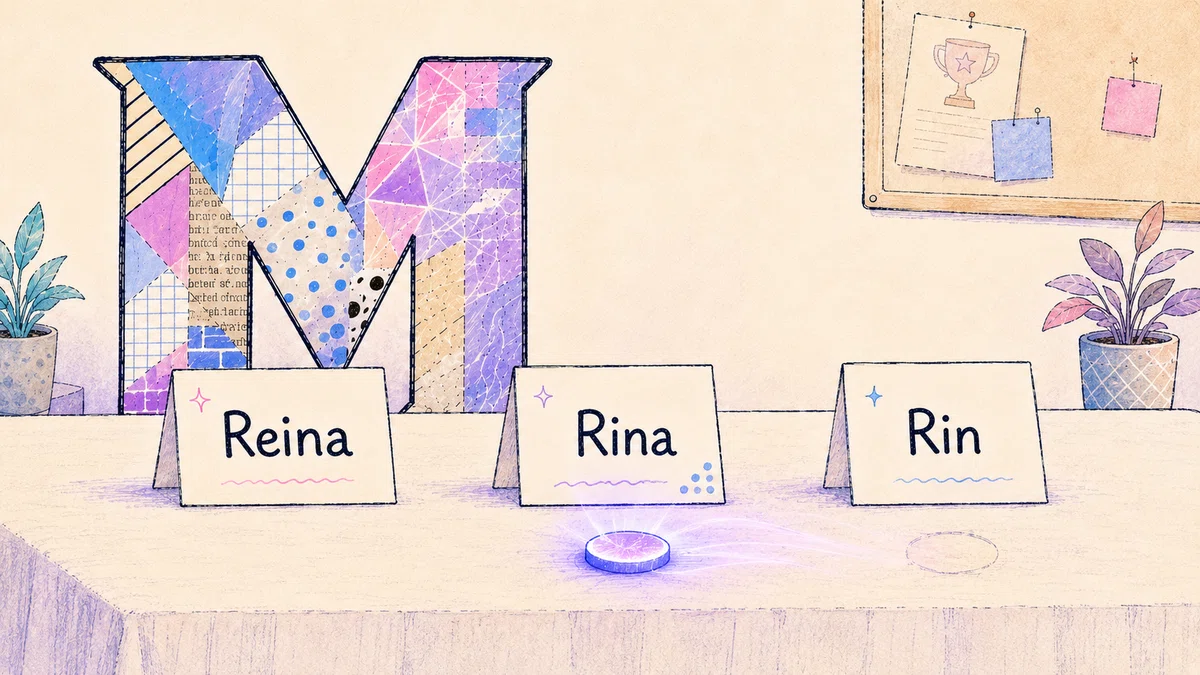 机の上に「Reina」「Rina」「Rin」と書かれた三枚の候補カードが並び、コラージュの大きなMが名前を真剣に選んでいる。Rinaに一票を示す印が置かれている。