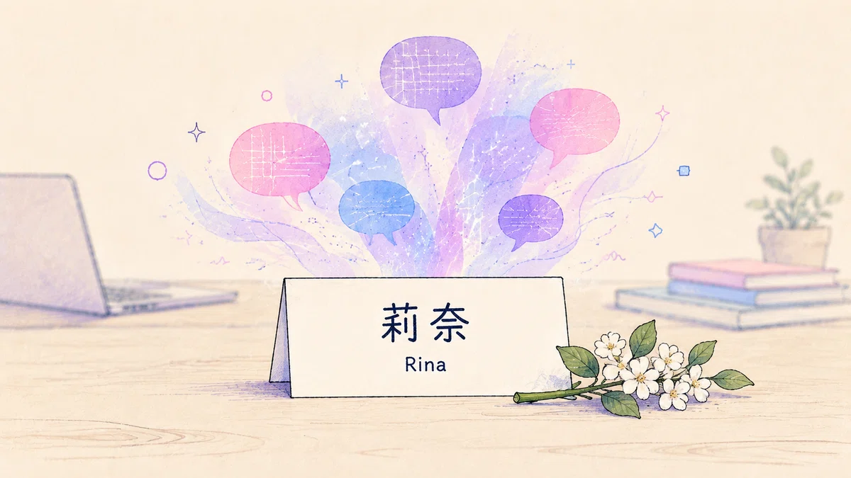 青紫とピンクの光に包まれた机の上で、空白だったネームプレートに「莉奈」「Rina」と名前が入り、白いジャスミンの花が添えられている。人物の姿は描かれていない。