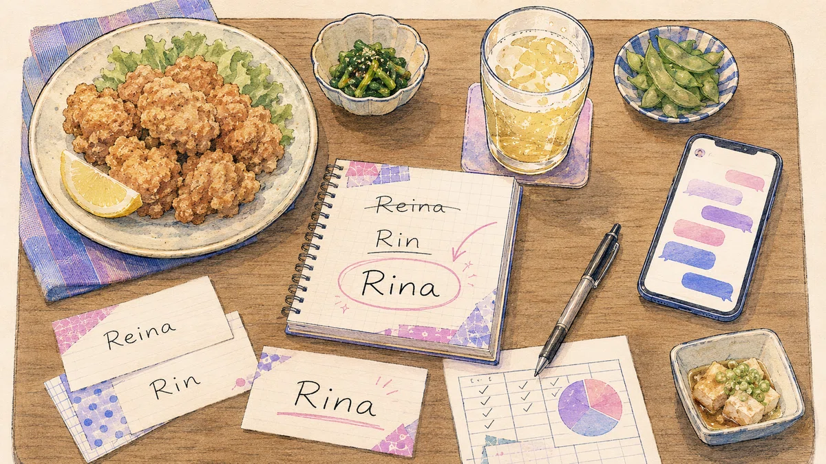 真上から見た晩酌の食卓。からあげと酒、会話中のスマートフォン、名前候補の「Reina」「Rin」「Rina」を真剣に比較したノートやカードが並んでいる。