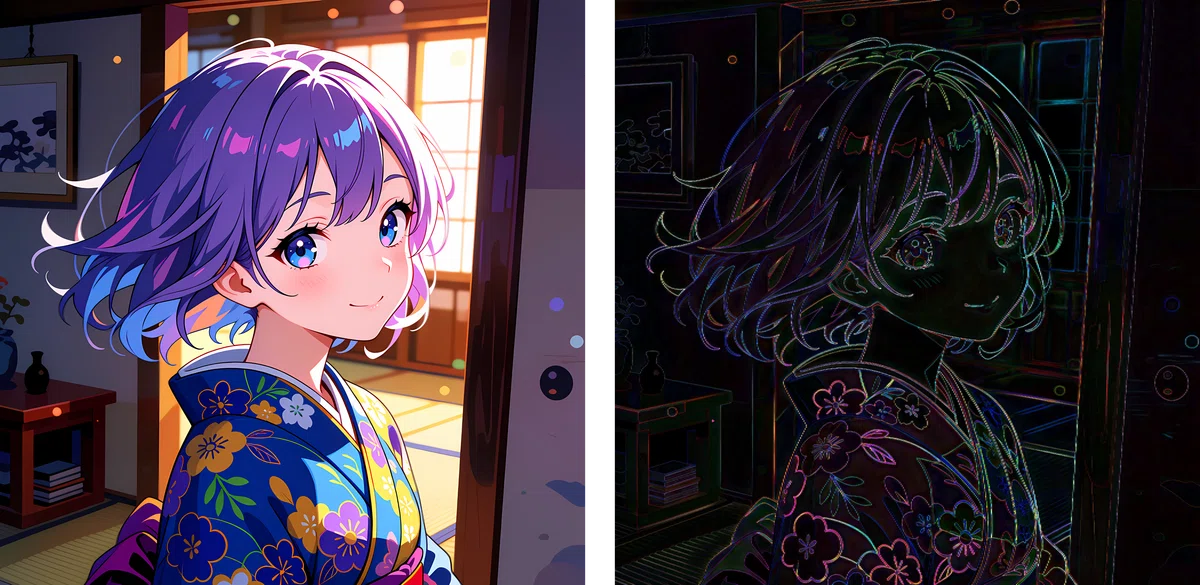画像１のRealESRGAN_plus_Anime_6Bのアップスケール結果とカラー差分マップ（4倍強調）