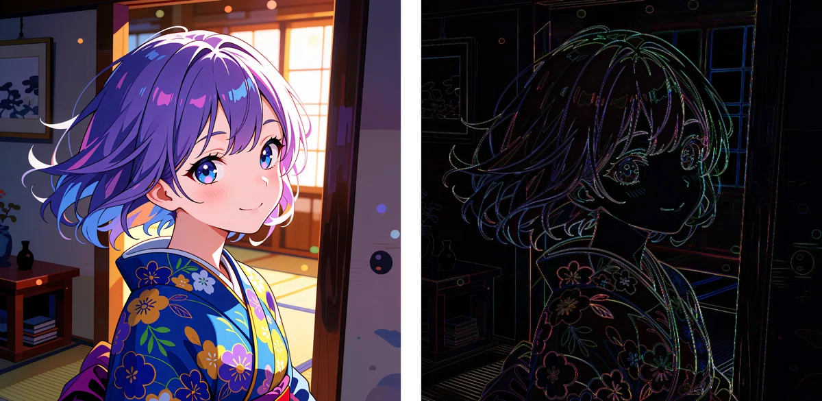 画像１のUltraSharp_ESRGANのアップスケール結果とカラー差分マップ（4倍強調）