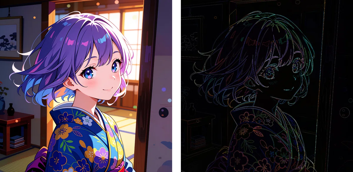 画像１のUltraSharpV2_DAT2のアップスケール結果とカラー差分マップ（4倍強調）