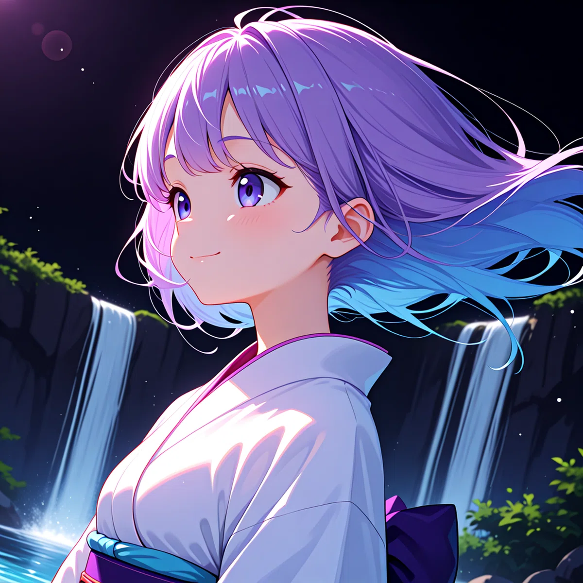 SDXLポン出しイラストの基準画像２。滝を背景にした紫髪の少女