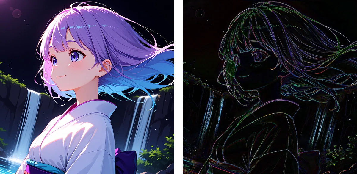 画像２のRealESRGAN_plus_Anime_6Bのアップスケール結果とカラー差分マップ（4倍強調）