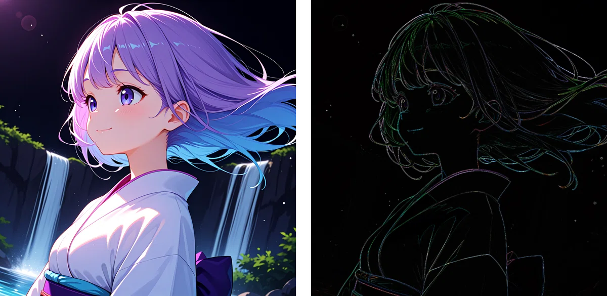 画像２のIllustrationJaNai_V3_denoise_DAT2のアップスケール結果とカラー差分マップ（4倍強調）