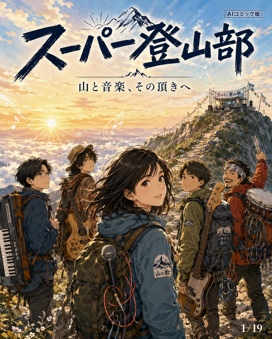 AIコミック】スーパー登山部｜本当に山へ登る5人組、その音楽と物語