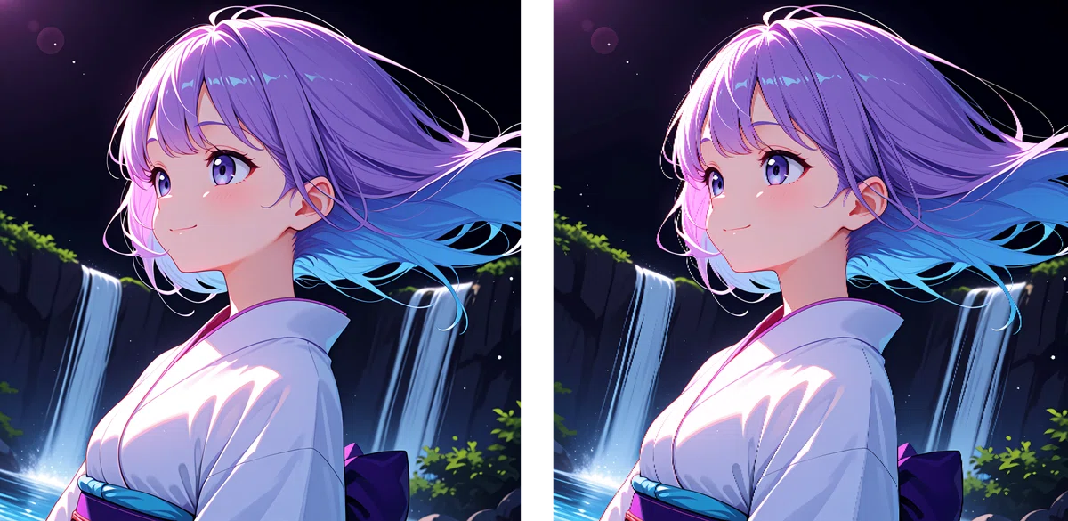 Lanczos法とRealESRGAN_Anime_6Bの比較。左がLanczos、右がAIアップスケールした紫髪の少女