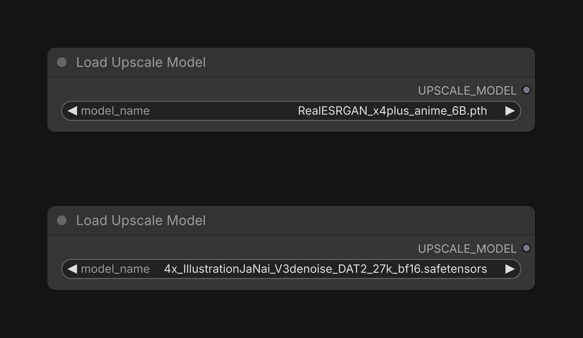 ComfyUIのLoad Upscale Modelノード。pth形式とsafetensors形式の両方を読み込める例