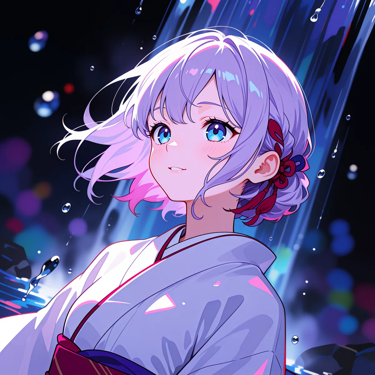 紫色の髪の少女が滝を背景に微笑むアニメイラスト