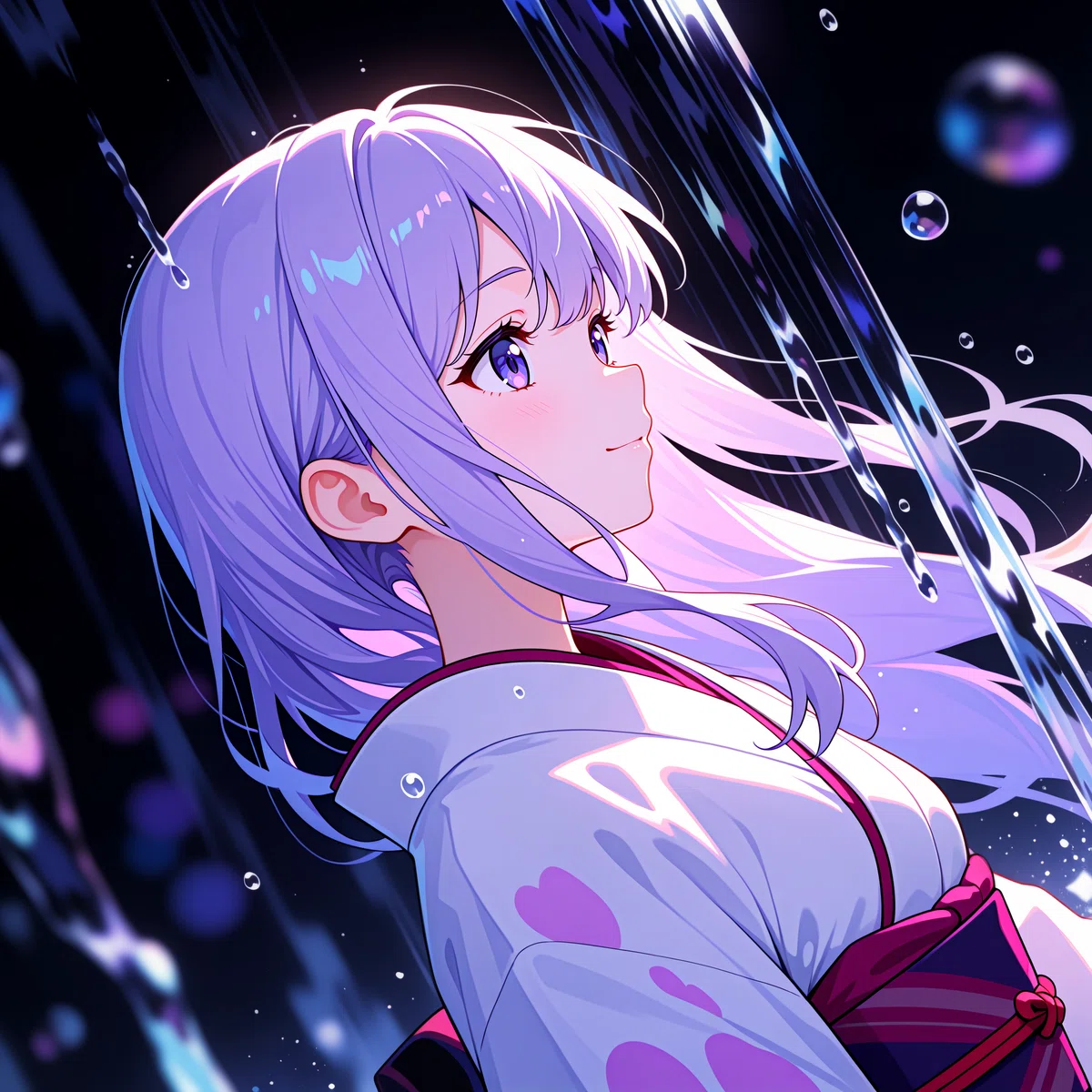 紫色の長髪の少女が滝を背景に微笑むアニメイラスト