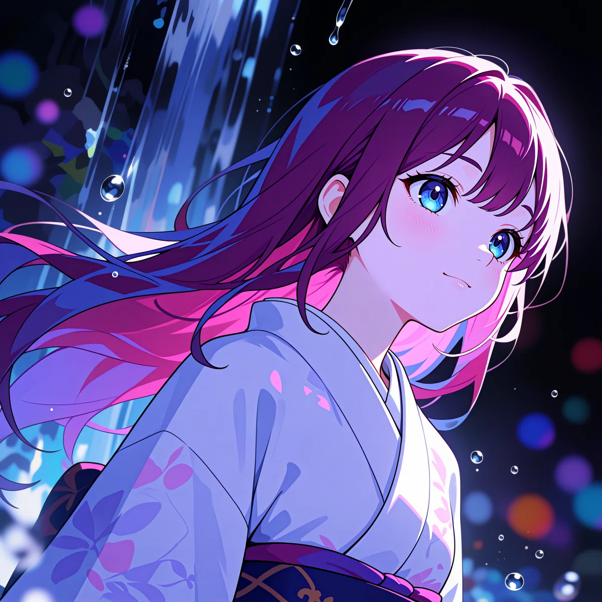 紫色の長髪のアニメ少女が滝をバックに水滴の中で微笑むアニメイラスト