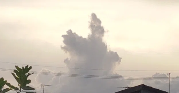 夕暮れ時の空に入道雲が湧いている。左上がとがっていて、真上に向かって葉っぱのようなカタチの雲がひょこんと伸びているのが特徴的