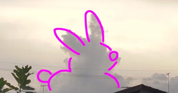 写真の雲の輪郭をなぞるようにして、ピンク色のラインでウサギの形を描き込んでいます