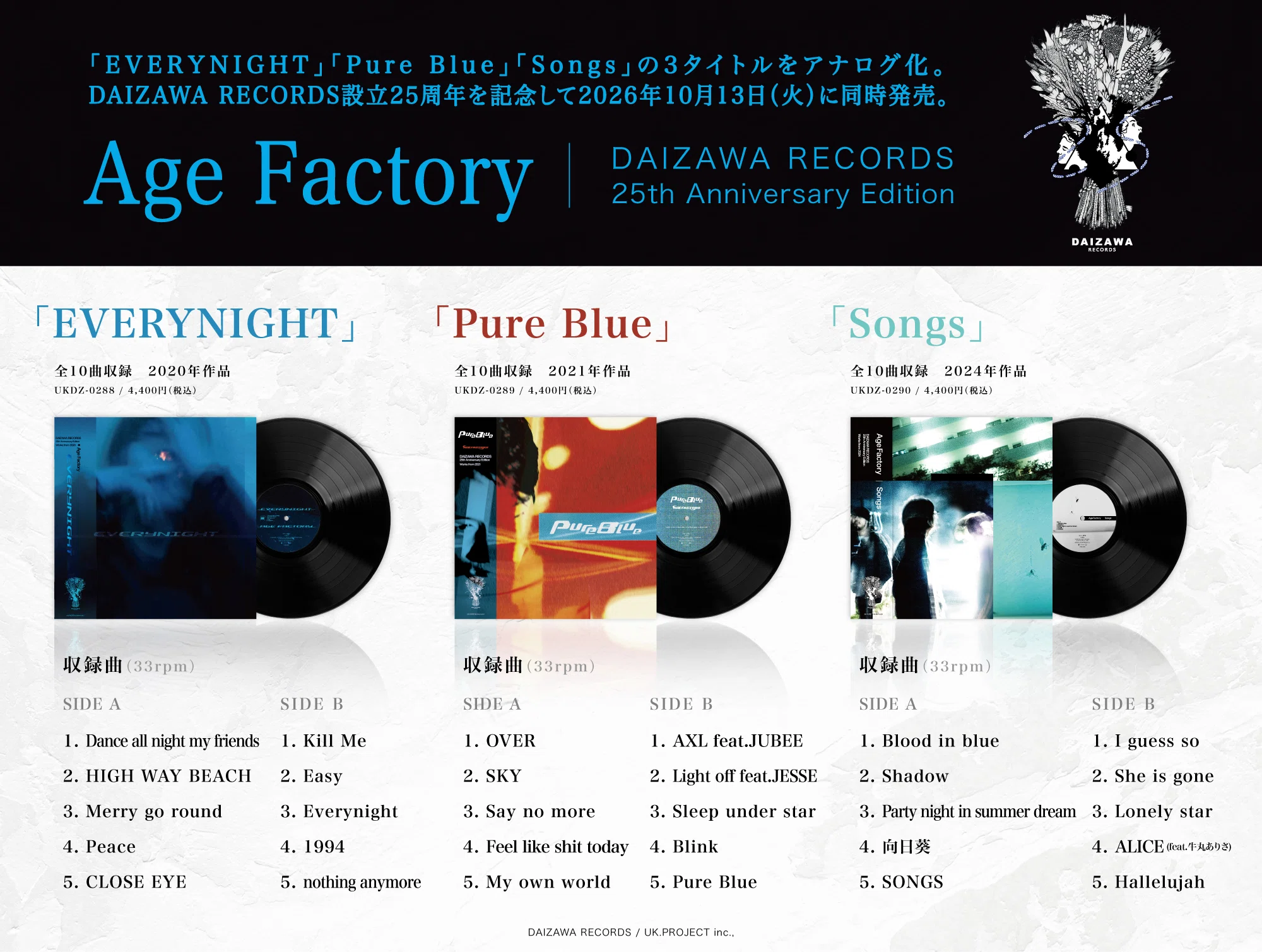Age Factory レコード Age Factory】DAIZAWA RECORDS 25th Anniversary Edition LP Release