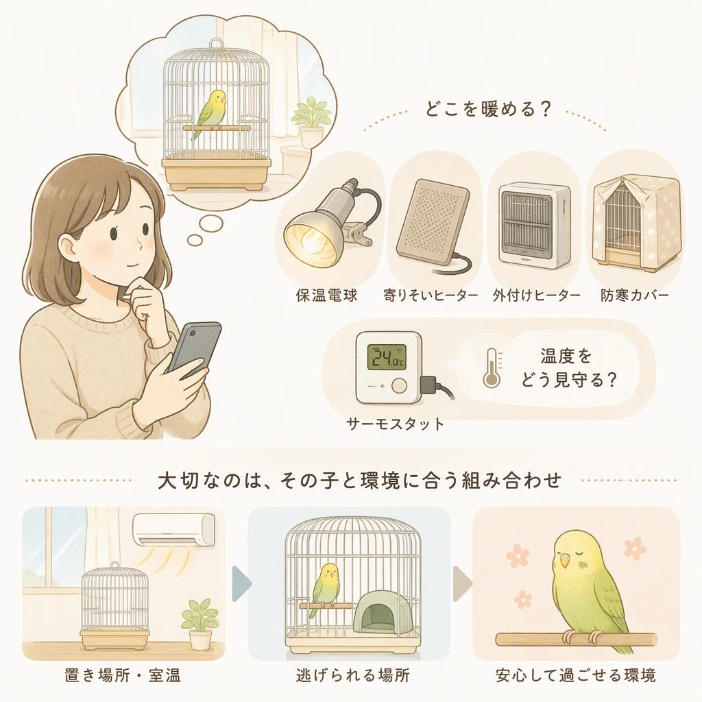 鳥ケージ小・中型。ケージカバー。サーモスタット付ヒーター。温度計。 鳥ケージ小・中型。ケージカバー。サーモスタット付ヒーター。温度計