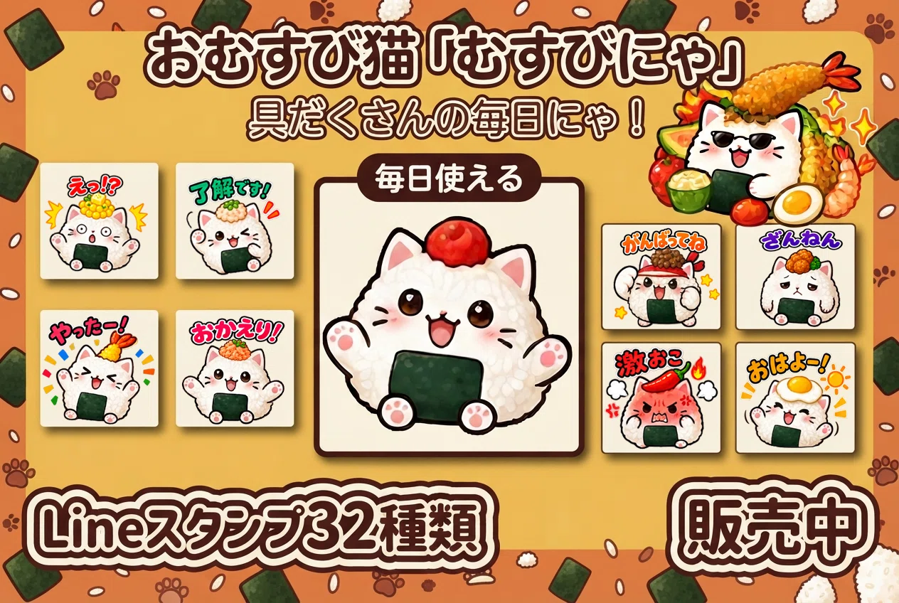 LINEスタンプ☆おむすび猫「むすびにゃ」☆ リリース｜もふもふまうまう