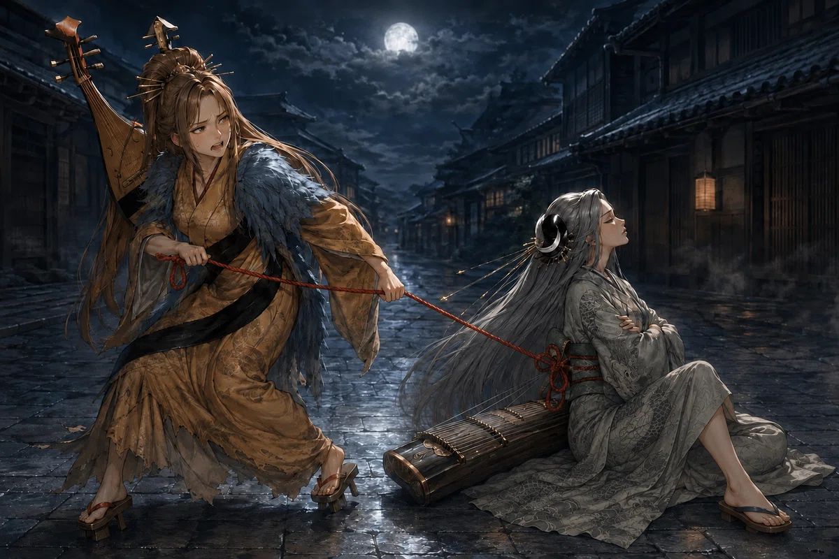 月夜の百鬼夜行の列で、琵琶を背負った女性が、座り込んで踏ん張る琴を背負った女性を赤い綱で引っ張っている