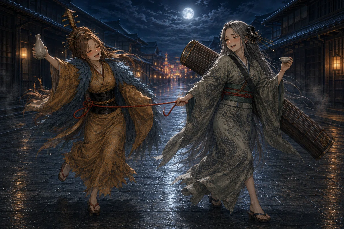 月夜の百鬼夜行の列で、徳利を掲げて酔っている琵琶を、ほどよく酔った琴が赤い綱で楽しそうに引っ張って歩いている