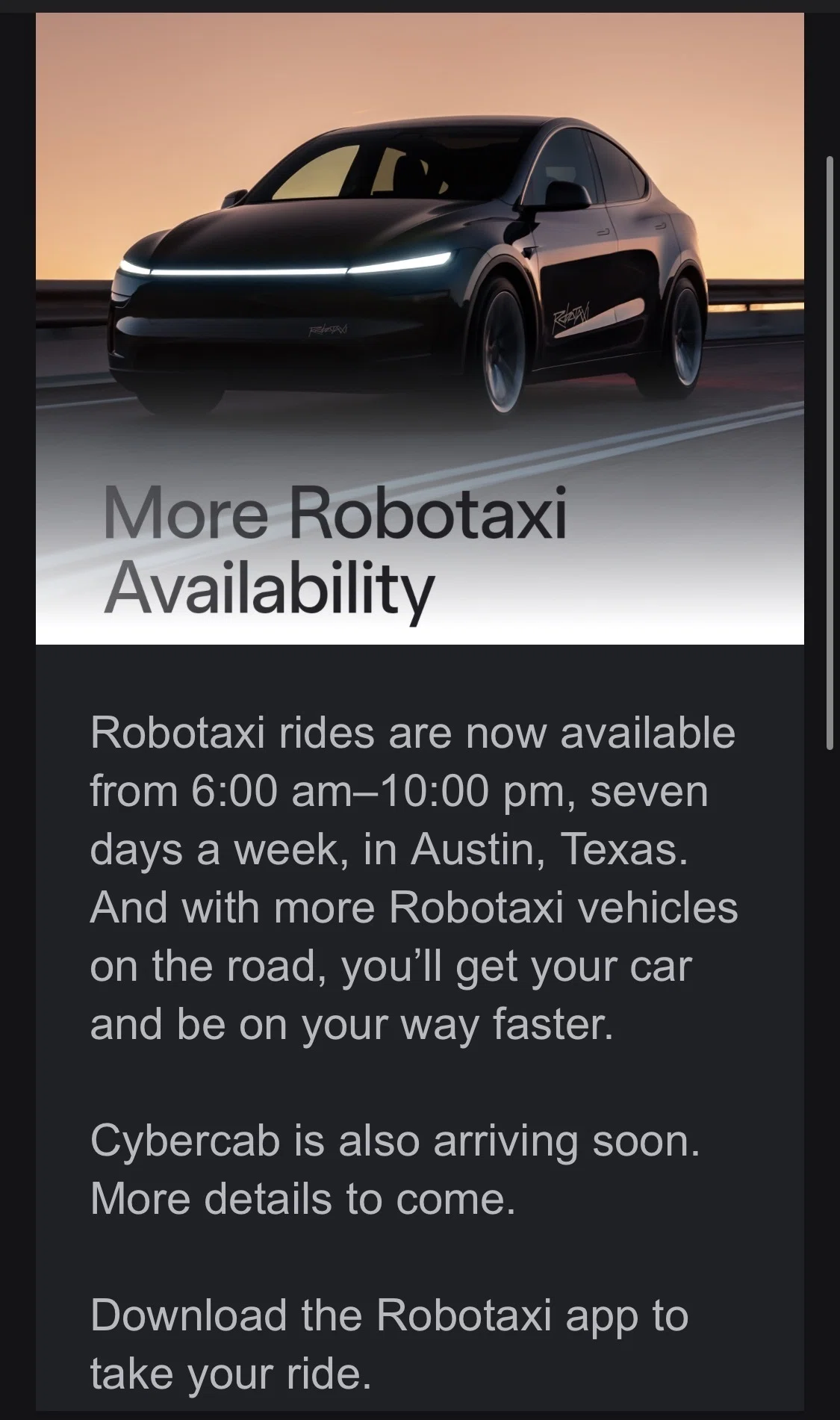 Tesla Robotaxiアプリユーザーに届いたメッセージ