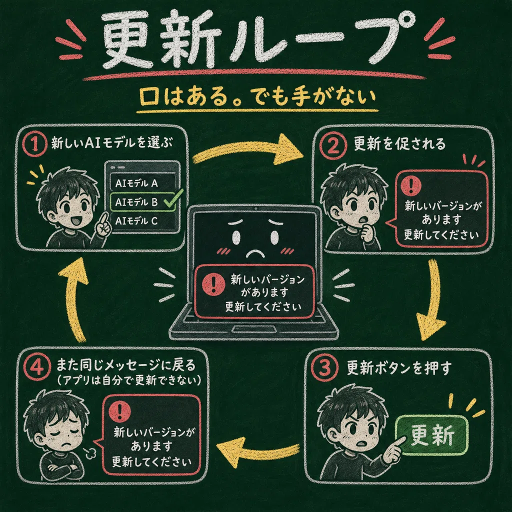 更新してくださいの画面をぐるぐる回る様子
