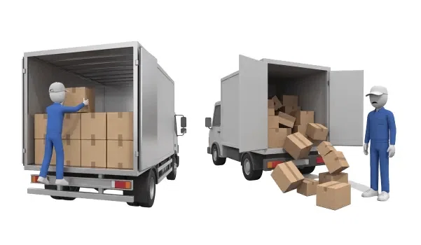 トラックの荷台にダンボール箱を積み込む作業員と、ドアを開けた瞬間に荷崩れが起きて呆然とする配達員を描いたピクトグラムの無料イラスト。物流や運送業のトラブル事例を伝えるデザイン制作におすすめの画像です。